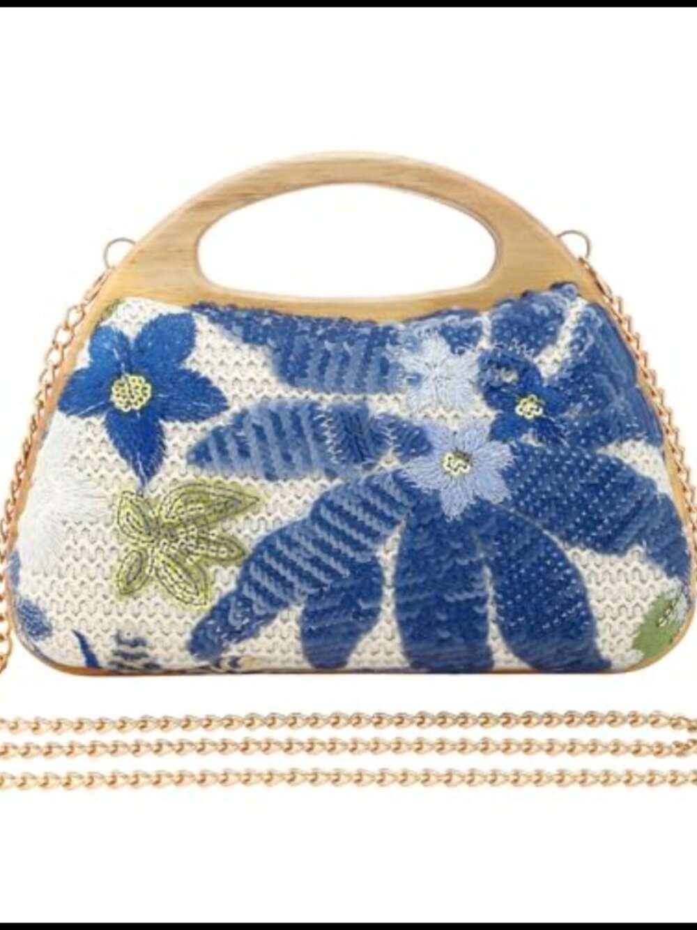 Straw Clutch Wooden Top Handle Sequin Embroidery Evening Bag